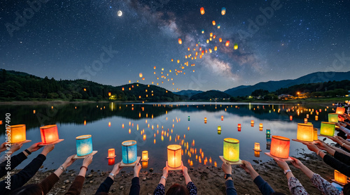 People releasing lanterns at lake under Milky Way night sky