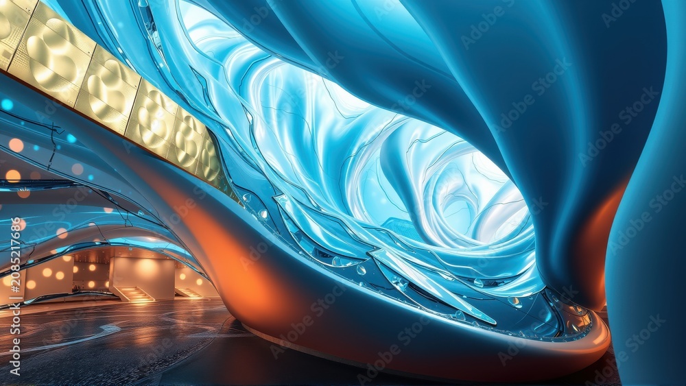 Fototapeta premium Futuristic interior, flowing shapes, vibrant blue lighting, warm orange accents. Modern architecture creates dramatic visual impact.