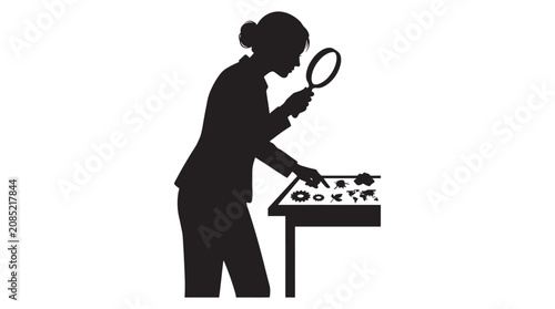 Canvastavla Woman Examining Flowers With Magnifying Glass Black Silhouette