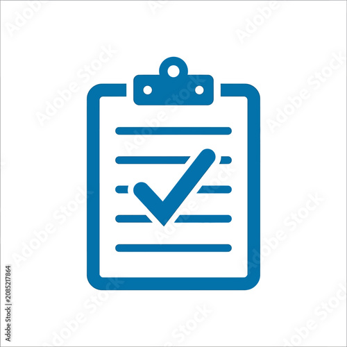 A blue clipboard icon with a check mark on white background