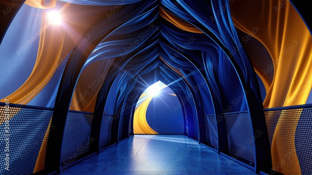 Fototapeta premium Abstract tunnel, flowing shapes, bright light sources. Dramatic curves, cool blues, warm oranges create depth. Futuristic design.
