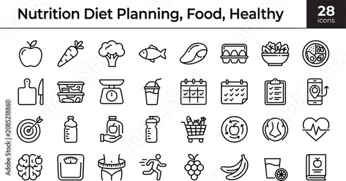 Nutrition Diet Planning Icon Set With Healthy Food Meal Tracking Fitness Wellness And Health Management Symbols