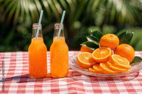 Cold orange juice in glass bottles with straws and fresh sliced oranges on a red and white checkered picnic table outdoors
