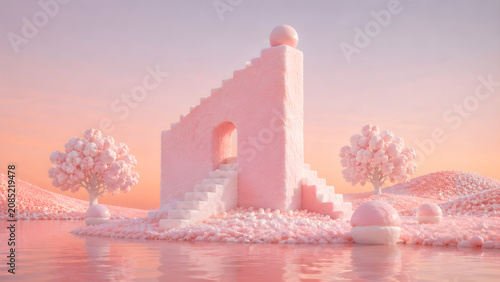 Surreal pastel pink dreamscape with fluffy textured stairs, archway, and stylized trees over water