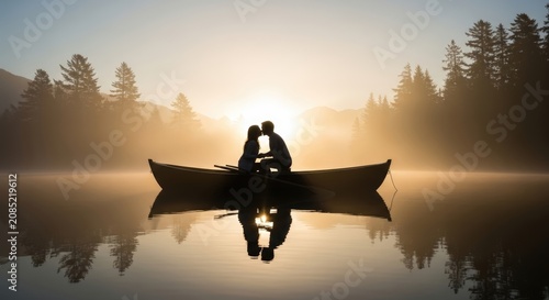 Couple in canoe on serene lake.