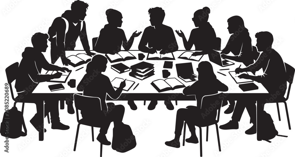 Fototapeta premium Student group silhouette vector, diverse college students studying at a library table, university teamwork and academic collaboration scene