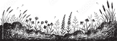 Schilderij op canvas Charcoal doodle scribble in showcasing grass silhouettes wildflower meadow plants cattail reeds bushes