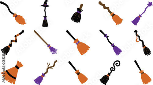 Quadro su tela Halloween witch broom collection featuring magical flying broomsticks whimsical