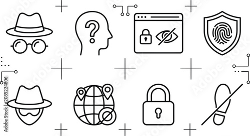 Fotografie Cyber Security and Internet Privacy Vector Icon Set with Incognito Anonymous Saf