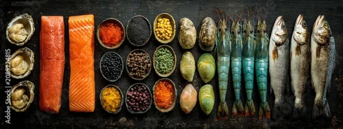 Panel kuchenny z motywem Assorted seafood and ingredients arranged on a dark wooden surface, featuring salmon, shrimp, oysters, and various spices in bowls for culinary presentation