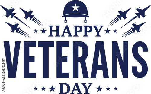 Bild auf Leinwand Happy veterans day tribute design with military helmet fighter jets and star acc