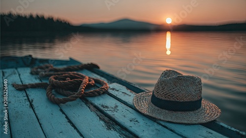 Hat and rope rest on old dock, bathed in the warm glow of a setting sun