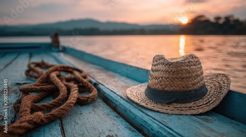Straw hat and rope on a rustic boat at sunset over calm water