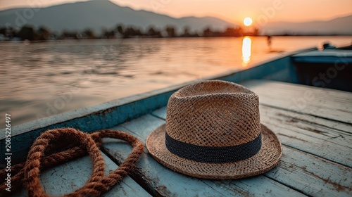 Straw hat and rope on a wooden boat with a scenic sunset reflection on water
