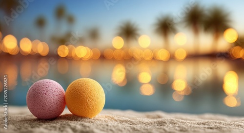 Two colorful spheres resting on sandy beach at dusk with bokeh lights