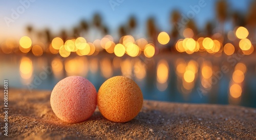 Two colorful bath bombs rest on sand with warm lights reflecting in water