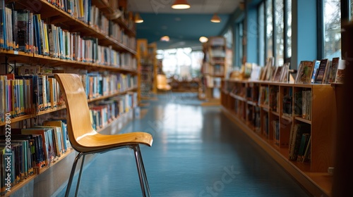 A wooden chair sits alone in a brightly lit library aisle with shelves of books