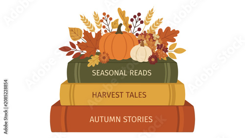 Quadro su tela Stack of colorful books with autumn leaves and pumpkins for a cozy harvest seaso