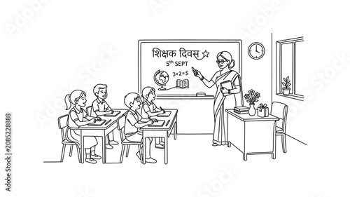 Teacher writing on blackboard in classroom.