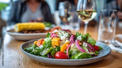 Vibrant salad with colorful vegetables and cheese, served at a table