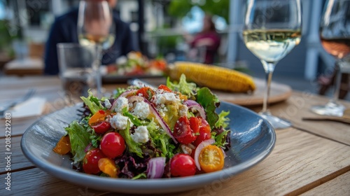 Fresh garden salad with cherry tomatoes and feta on a table