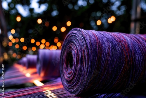 Textured spools of variegated thread, out of focus lights in background