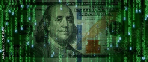 Electronic Money Concept with One Hundred Dollar Bill made up of Animated Code. Modern Banking Wallpaper.