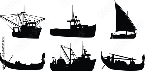 Foto Traditional and commercial fishing boats black silhouettes set including gondola