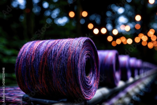 Row of colorful yarn spools on a shelf with blurred lights in the background