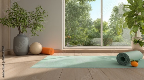 Serene home fitness space with yoga mat, exercise balls, and plants