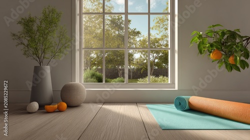 Sunny room with yoga mat, oranges, and plant view