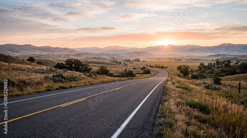 Empty winding highway through rolling countryside hills at sunset