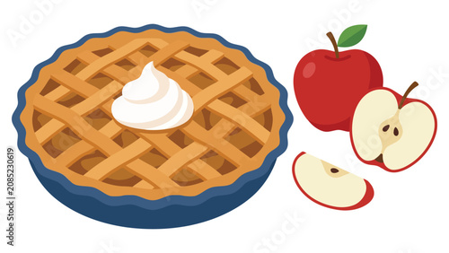 Fresh baked apple pie with whipped cream topping and red apples beside it as a cartoon drawing