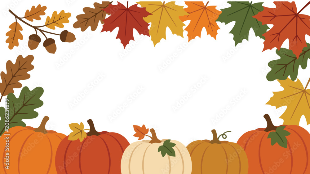 Naklejka premium Autumn border frame with colorful fall leaves and orange pumpkins for thanksgiving season