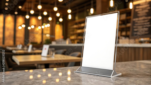 Empty white menu board on marble table in restaurant