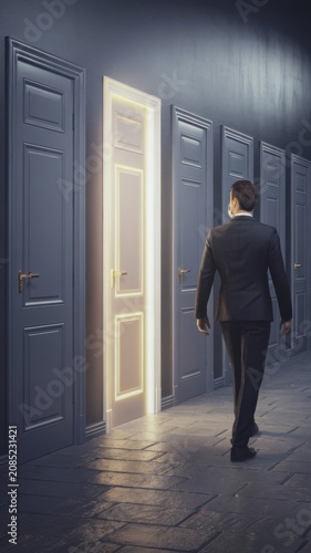Man walking toward row of identical doors with one glowing open, right choice, opportunity and standing out from options concept, 3d render