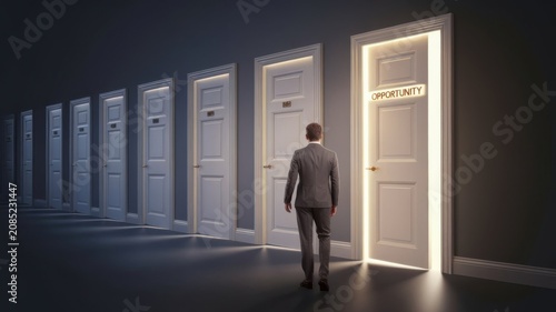 Man walking toward row of identical doors with one glowing open, right choice, opportunity and standing out from options concept, 3d render