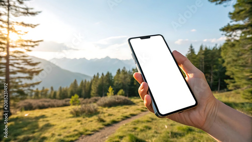 Hand holding smartphone with white screen in front of mountain landscape