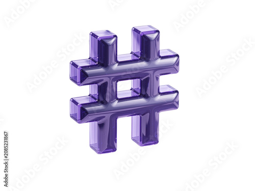 Purple glossy 3d rendering hashtag symbol icon, isolated on transparent background