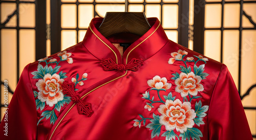 Close up of vibrant red traditional Chinese embroidered jacket with floral patterns on mannequin in indoor setting