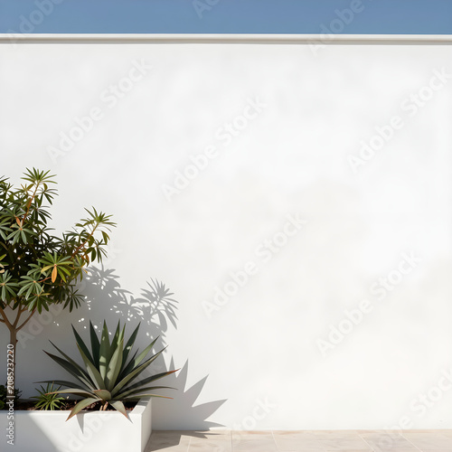 A minimalist exterior design featuring a simple white wall with greenery and a subtle archway in a Mediterranean-inspired architectural style.
