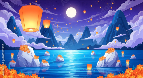 Hot air balloons floating over icy mountain peaks under full moon in vibrant night sky