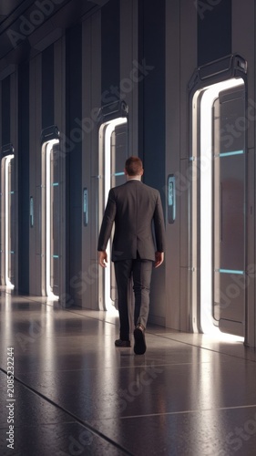 Man walking toward row of identical doors with one glowing open, right choice, opportunity and standing out from options concept, 3d render