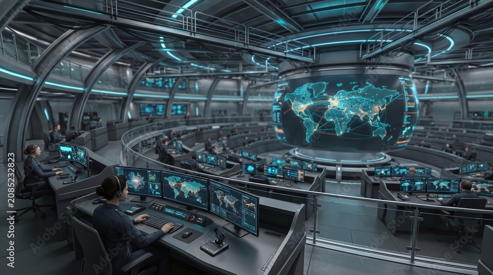Fototapeta premium Cybersecurity global network operations center NOC in circular layout 3D illustration with copy space