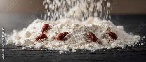 Several flour beetles crawling on a mound of white flour. Pests infest grain products during pouring process on dark background. Food contamination concept for hygiene and safety marketing.