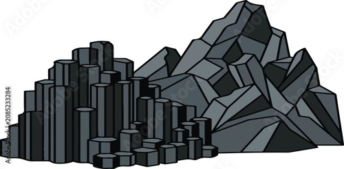 Geological Basalt Columns and Jagged Rock Formation Illustration