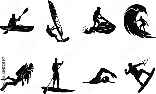 Photography Water sports and extreme ocean activities vector silhouette icon set featuring s