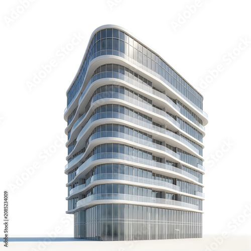 Modern curved residential apartment building with balconies isolated on white background