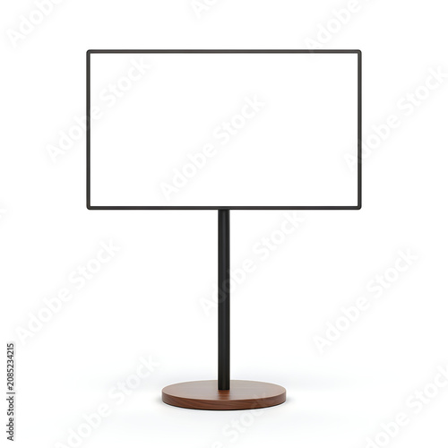 Modern standing flat screen TV on a base with red circular feet isolated on white background