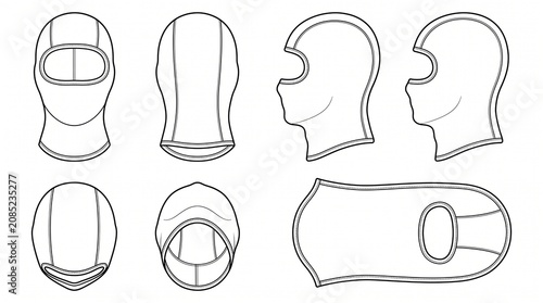 Balaclava Technical Sketch Vector Template - Front, Back, Side, Top, and Flat Views for Fashion Design
